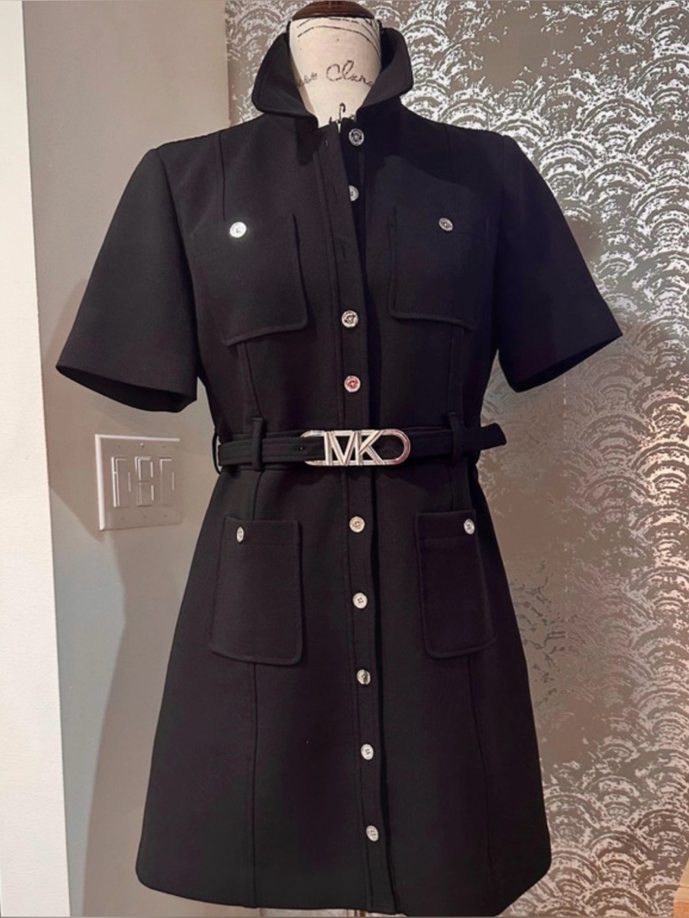 MK Black Short-Sleeve Button-Front Utility Dress with Belt